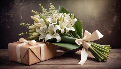 White lily bouquet and gift on wood table