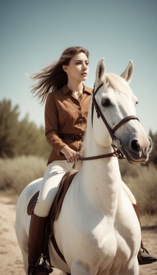 Woman riding white horse in desert