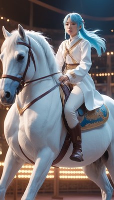 Woman riding white horse in arena