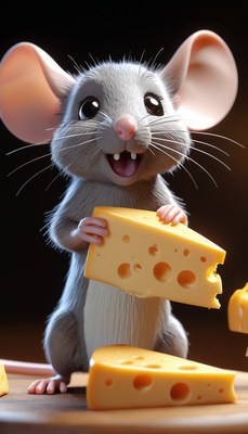 Smiling mouse holding cheese