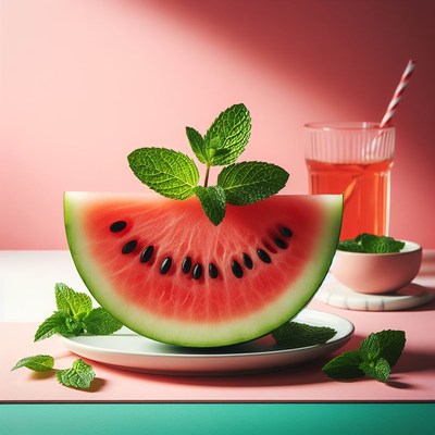 Watermelon slice with mint on pink background