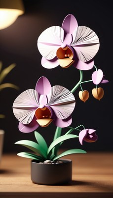 Paper orchid plant on wooden table