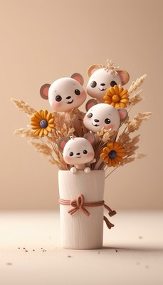 Cute bear figurines in vase with flowers