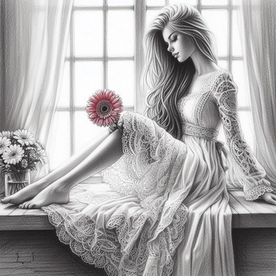 Woman in white dress by window