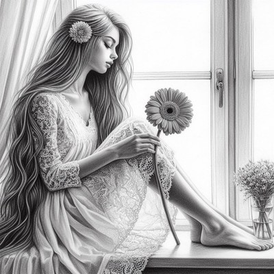 Woman holding flower by window