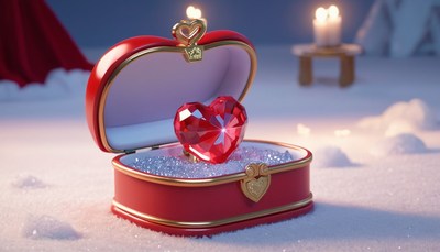 Red heart crystal in open box on snow