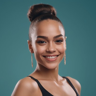 Woman with bun smiling in studio