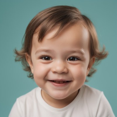 Toddler smiling against teal background