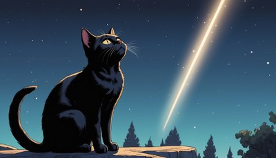Black cat watching shooting star