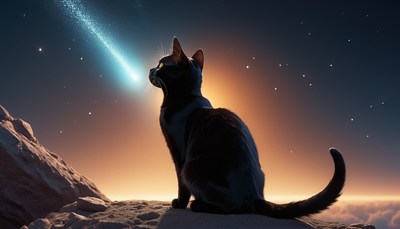 Black cat gazing at comet