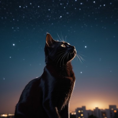 Black cat gazing at stars at dusk