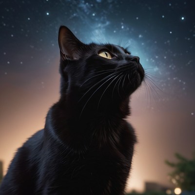 Black cat gazing at night sky