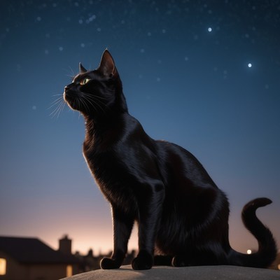 Black cat gazing at stars at dusk