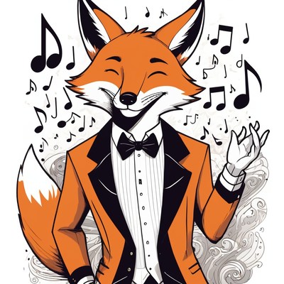 Fox in tuxedo singing with music notes