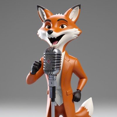 Animated fox singing into microphone