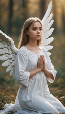 Angel kneeling in forest