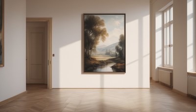 Framed landscape painting in gallery room