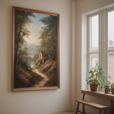 Framed painting of forest path and cottage