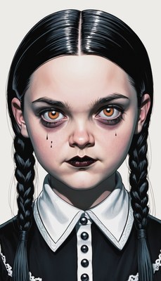 Dark-haired girl with braids and orange eyes