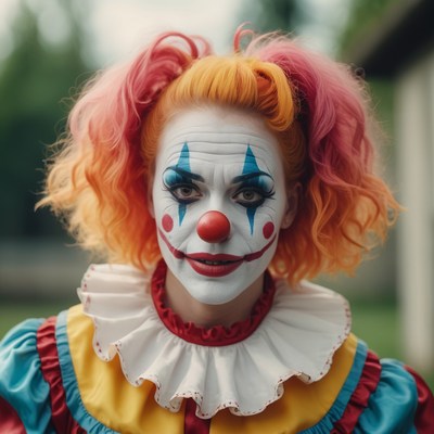 Woman in clown makeup smiles