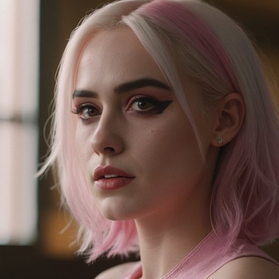 Woman with pink hair looking away