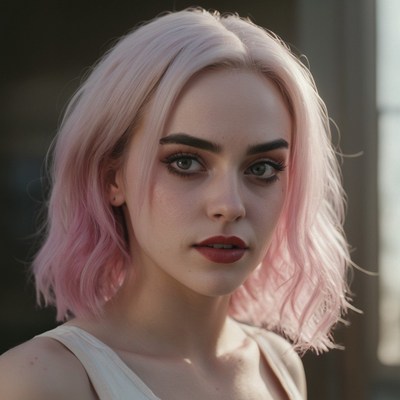 Woman with pink hair looking at the camera