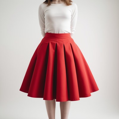 Red pleated skirt and white shirt
