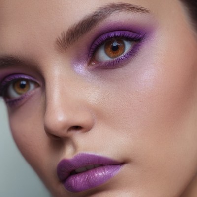 Woman with purple eyeshadow and lipstick