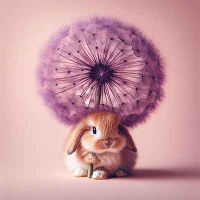 Bunny under dandelion umbrella
