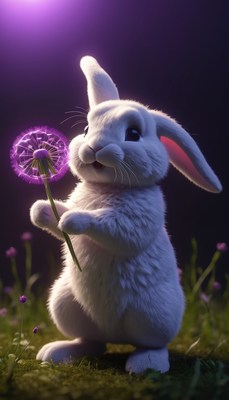 White rabbit holding a dandelion at dusk