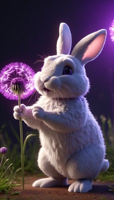 White rabbit holding glowing dandelion