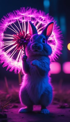Neon bunny with dandelion