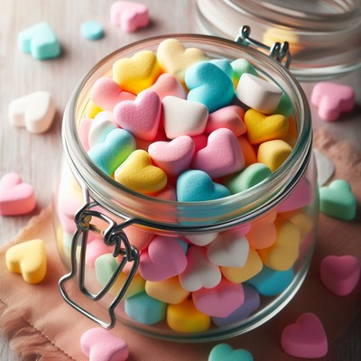 Colorful heart-shaped candies in jar