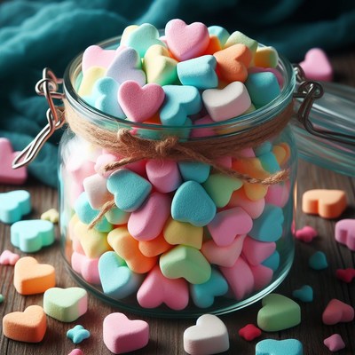 Colorful heart candies in glass jar
