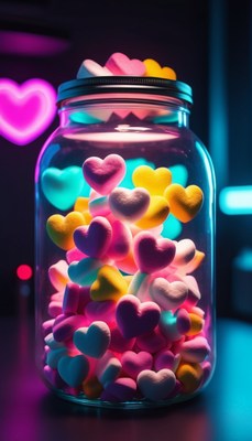 Heart-shaped candies in jar with neon lights