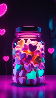 Glass jar filled with heart-shaped candies