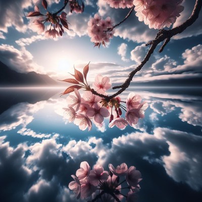 Cherry blossoms reflecting in lake at sunset