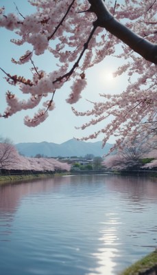 Cherry blossoms over river in spring
