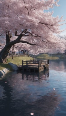 Cherry blossom tree overlooking pond