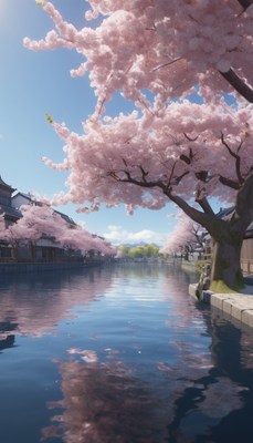 Cherry blossom trees over canal in japan