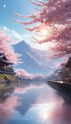 Cherry blossoms and mountain view