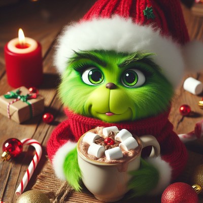 Grinch enjoys hot cocoa for christmas