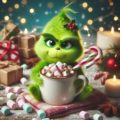Grinch enjoys hot cocoa with marshmallows