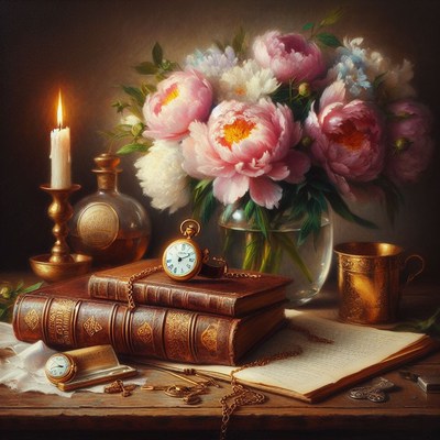 Still life with peonies and antique clock