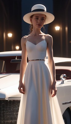 Woman in white dress and hat