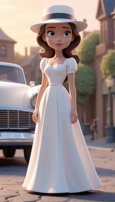 Animated woman in white dress on street