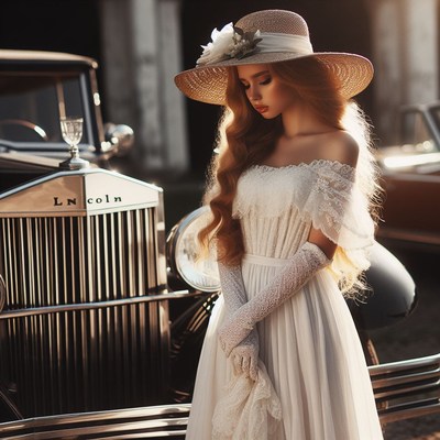 Woman in white dress by vintage car