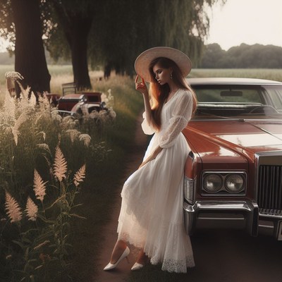 Woman in white dress by vintage car