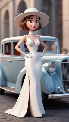 Animated woman in white dress and hat