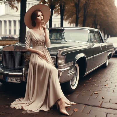Woman in a hat posing on classic car